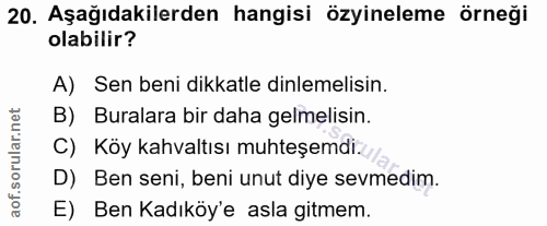 20. soru: Aşağıdakilerden hangisi özyineleme örneği olabilir? A) Sen beni dikkatle dinlemelisin. B) Buralara bir daha gelmelisi…
