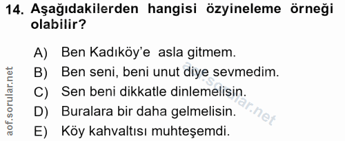 14. soru: Aşağıdakilerden hangisi özyineleme örneği olabilir? A) Ben Kadıköy'e asla gitmem. B) Ben seni, beni unut diye sevmedi…