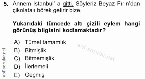 5. soru: Annem İstanbul' a gitti. Söyleriz Beyaz Fırın'dan çikolatalı börek getirir bize. Yukarıdaki tümcede altı çizili eylem…