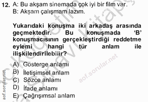 12. soru: A: Bu akşam sinemada çok iyi bir film var. B: Akşam çalışmam lazım. Yukarıdaki konuşma iki arkadaş arasında geçmekted…