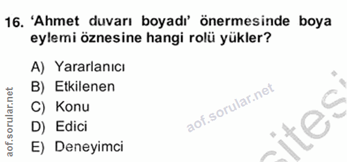 16. soru: 'Ahmet duvarı boyadı' önermesinde boya eylemi öznesine hangi rolü yükler? A) Yararlanıcı B) Etkilenen C) Konu D) Edic…