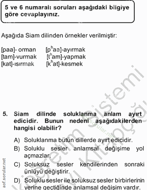 5. soru: 5 ve 6 numaralı soruları aşağıdaki bilgiye göre cevaplayınız. Aşağıda Siam dilinden örnekler verilmiştir: [paa]- orma…