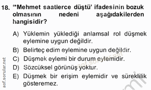 18. soru: 'Mehmet saatlerce düştü' ifadesinin bozuk olmasının nedeni aşağıdakilerden hangisidir? A) Yüklemin yüklediği anlamsal…