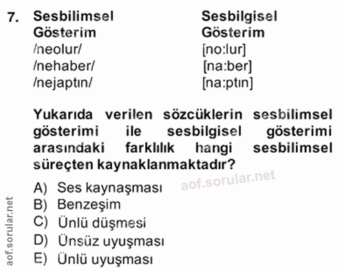 7. soru: Sebilimsel Sesbilgisel Gösterim Gösterim /neolur/ [no:lur] /nehaber/ [na:ber] /nejaptın/ [na:ptin] Yukarıda verilen s…