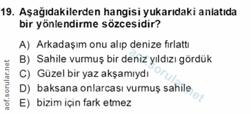 19. soru: Aşağıdakilerden hangisi yukarıdaki anlatıda bir yönlendirme sözcesidir? A) Arkadaşım onu alıp denize fırlattı B) Sahi…