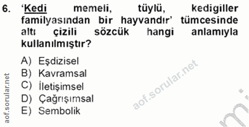6. soru: 'Kedi memeli, tüylü, kedigiller familyasından bir hayvandır' tümcesinde alti çizili sözcük hangi anlamıyla kullanılmı…