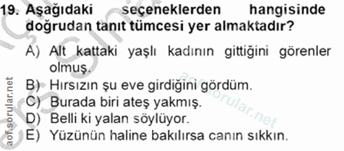 19. soru: Aşağıdaki seçeneklerden hangisinde doğrudan tanıt tümcesi yer almaktadır? A) Alt kattaki yaşlı kadının gittiğini göre…
