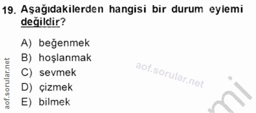 19. soru: Aşağıdakilerden hangisi bir durum eylemi değildir? A) beğenmek B) hoşlanmak C) sevmek D) çizmek E) bilmek