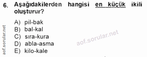 6. soru: Aşağıdakilerden hangisi en küçük ikili oluşturur? A) pil-bak B) bal-kal C) sıra-kura D) abla-asma E) kilo-kale