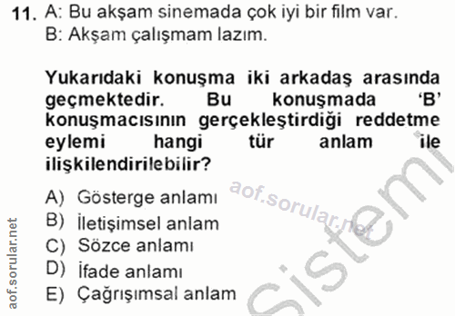 11. soru: A: Bu akşam sinemada çok iyi bir film var. B: Akşam çalışmam lazım. Yukarıdaki konuşma iki arkadaş arasında geçmekted…