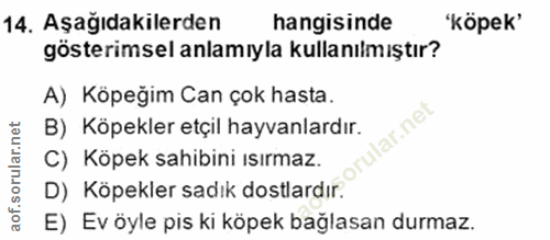14. soru: Aşağıdakilerden hangisinde 'köpek' gösterimsel anlamıyla kullanılmıştır? A) Köpeğim Can çok hasta. lar.net B) Köpekle…