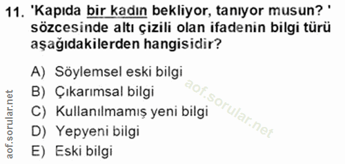 11. soru: 'Kapıda bir kadın bekliyor, tanıyor musun?' sözcesinde altı çizili olan ifadenin bilgi türü aşağıdakilerden hangisidi…