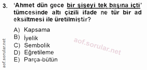 3. soru: 'Ahmet dün gece bir şişeyi tek başına içti' tümcesinde altı çizili ifade ne tür bir ad eksiltmesi ile üretilmiştir? A…