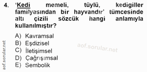 4. soru: 'Kedi memeli, tüylü, kedigiller familyasından bir hayvandır' tümcesinde altı çizili sözcük hangi anlamıyla kullanılmı…