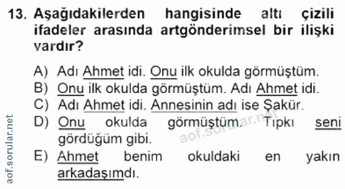 13. soru: Aşağıdakilerden hangisinde altı çizili ifadeler arasında argönderimsel bir ilişki vardır? A) Adı Ahmet idi. Onu ilk o…