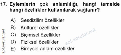 17. soru: Eylemlerin çok anlamlılığı, hangi temelde hangi özellikler kullanılarak sağlanır? A) Sesdizilim özellikler B) Kültüre…