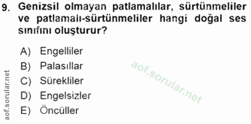 9. soru: Genizsil olmayan patlamalılar, sürtünmeliler ve patlamalı-sürtünmeliler hangi doğal ses sinıfıni oluşturur? A) Engell…
