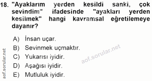18. soru: "Ayaklarım yerden kesildi sanki, çok sevindim" ifadesinde "ayakları yerden kesilmek" hangi kavramsal eğretilemeye day…