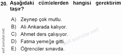 20. soru: Aşağıdaki cümlelerden hangisi gerektirim taşır? A) Zeynep çok mutlu. B) Ali Ankarada kalıyor. D) Fatma yemeğe gitti o…