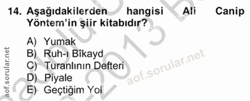 14. soru: Aşağıdakilerden hangisi Ali Canip Yöntem'in şiir kitabıdır? A) Yumak B) Ruh-i Bikayd C) Turanlının Defteri D) Piyale…