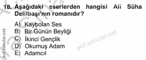 18. soru: Aşağıdaki eserlerden hangisi Ali Süha Delilbaşı'nın romanıdır? A) Kaybolan Ses B) Bir Günün Beyliği C) İkinci Gençlik…