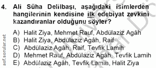 4. soru: Ali Süha Delilbaşı, aşağıdaki isimlerden hangilerinin kendisine ilk edebiyat zevkini kazandıranlar olduğunu söyler? A…