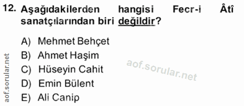 12. soru: Aşağıdakilerden hangisi Fecr-i Âti sanatçılarından biri değildir? A) Mehmet Behçet B) Ahmet Haşim C) Hüseyin Cahit D)…