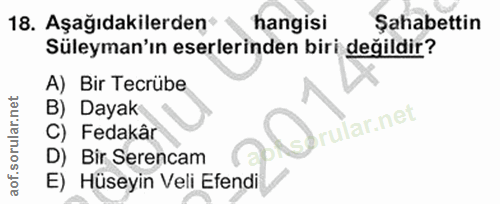 18. soru: Aşağıdakilerden hangisi Şahabettin Süleyman'ın eserlerinden biri değildir? A) Bir Tecrübe B) Dayak rular.net C) Fedak…