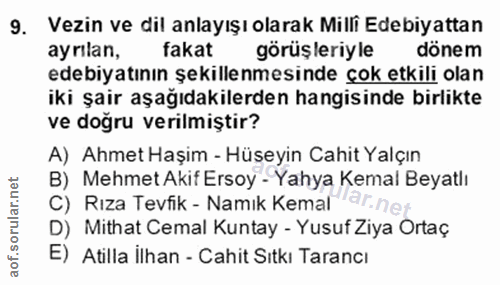 9. soru: Vezin ve dil anlayışı olarak Milli Edebiyattan ayrilan, fakat görüsleriyle dönem edebiyatının şekillenmesinde çok etk…
