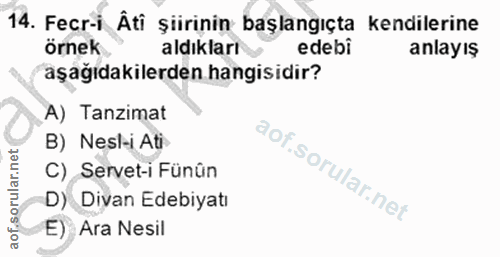 14. soru: Fecr-i Âti şiirinin başlangıçta kendilerine örnek aldıkları edebi anlayış aşağıdakilerden hangisidir? A) Tanzimat B)…