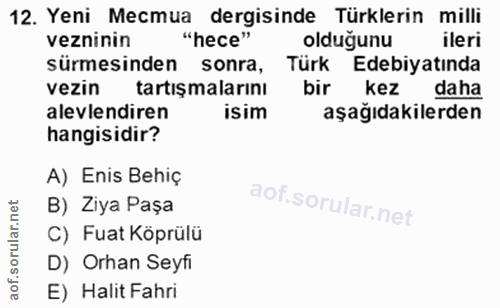 12. soru: Yeni Mecmua dergisinde Türklerin milli vezninin "hece" olduğunu ileri sürmesinden sonra, Türk Edebiyatında vezin tart…