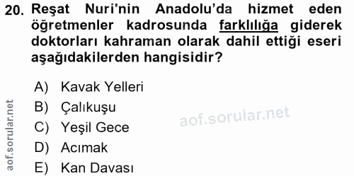 20. soru: Reşat Nuri'nin Anadolu'da hizmet eden öğretmenler kadrosunda farklılığa giderek doktorları kahraman olarak dahil etti…
