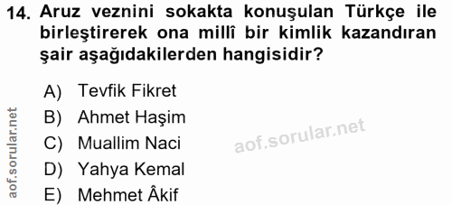 14. soru: Aruz veznini sokakta konuşulan Türkçe ile birleştirerek ona milli bir kimlik kazandıran şair aşağıdakilerden hangisid…