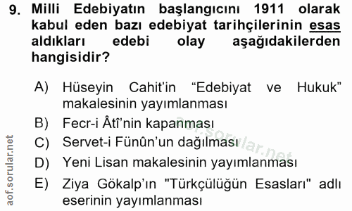 9. soru: Milli Edebiyatın başlangıcını 1911 olarak kabul eden bazı edebiyat tarihçilerinin esas aldıkları edebi olay aşağıdaki…