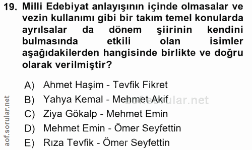 19. soru: Milli Edebiyat anlayışının içinde olmasalar ve vezin kullanımı gibi bir takım temel konularda ayrılsalar da dönem şii…