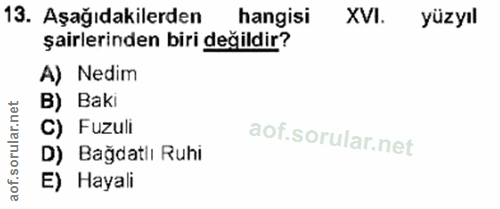 13. soru: Aşağıdakilerden hangisi XVI. yüzyıl şairlerinden biri değildir? A) Nedim B) Baki C) Fuzuli D) Bağdatlı Ruhi E) Hayali