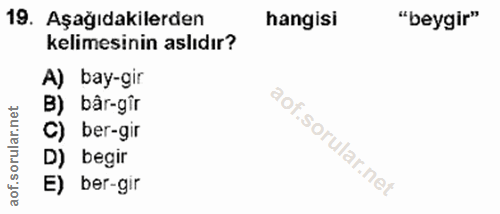 19. soru: Aşağıdakilerden hangisi "beygir" kelimesinin aslıdır? A) bay-gir B) bâr-gîr C) ber-gir D) begir E) ber-gir