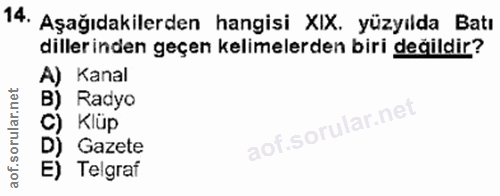 14. soru: Aşağıdakilerden hangisi XIX. yüzyılda Batı dillerinden geçen kelimelerden biri değildir? A) Kanal Radyo C) Klüp D) Ga…
