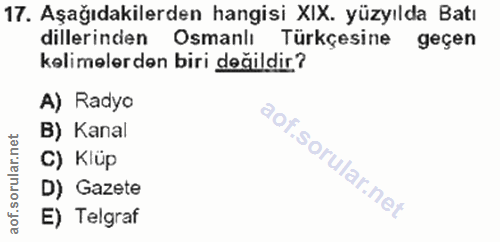 17. soru: Aşağıdakilerden hangisi XIX. yüzyılda Batı dillerinden Osmanlı Türkçesine geçen kelimelerden biri değildir? A) Radyo…