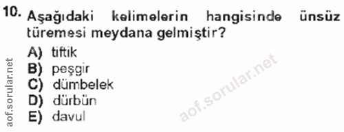 10. soru: Aşağıdaki kelimelerin hangisinde ünsüz türemesi meydana gelmiştir? A) tiftik B) peşgir C) dümbelek D) dürbün E) davul