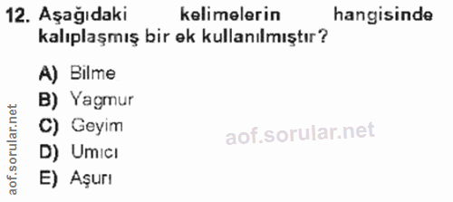 12. soru: Aşağıdaki kelimelerin hangisinde kalıplaşmış bir ek kullanılmıştır? A) Bilme B) Yagmur C) Geyim D) Umicı E) Aşurı