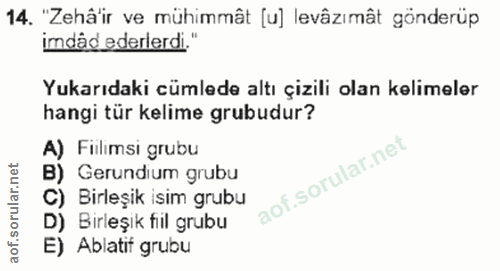 14. soru: "Zehâ'ir ve mühimmât [u] levâzımât gönderüp imdâd ederlerdi." Yukarıdaki cümlede altı çizili olan kelimeler hangi tür…
