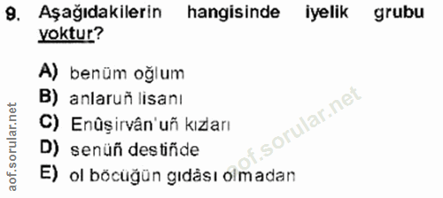 9. soru: Aşağıdakilerin hangisinde iyelik grubu yoktur? A) benüm oğlum B) anlaruň lisanı C) Enûşirvân'uñ kızları D) senüñ dest…