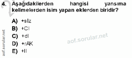4. soru: Aşağıdakilerden hangisi yansıma kelimelerden isim yapan eklerden biridir? A) +sIz B) +CI C) +dl D) +rAK E) +I/