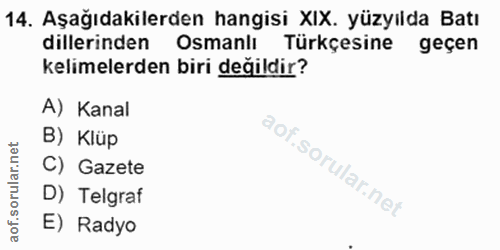 14. soru: Aşağıdakilerden hangisi XIX. yüzyılda Batı dillerinden Osmanlı Türkçesine geçen kelimelerden biri değildir? A) Kanal…