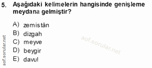 5. soru: Aşağıdaki kelimelerin hangisinde genişleme meydana gelmiştir? A) zemistân B) dizgah C) meyve D) beygir E) davul
