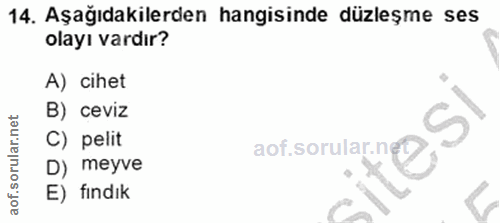 14. soru: Aşağıdakilerden hangisinde düzleşme ses olayı vardır? A) cihet B) ceviz C) pelit D) meyve E) fındık