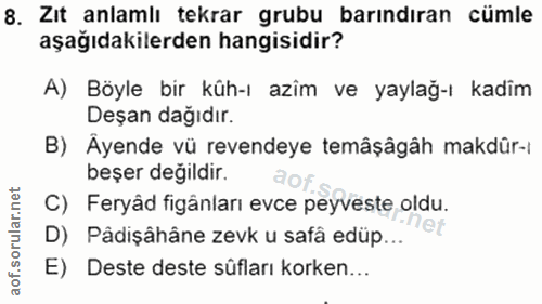 8. soru: Zit anlamlı tekrar grubu barındıran cümle aşağıdakilerden hangisidir? A) Böyle bir küh-ı azim ve yaylağ-ı kadim Deşan…