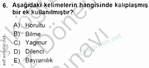 6. soru: Aşağıdaki kelimelerin hangisinde kalıplaşmış bir ek kullanılmıştır? A) Horultu B) Bilme ilar.net C) Yagmur D) Dilenci…