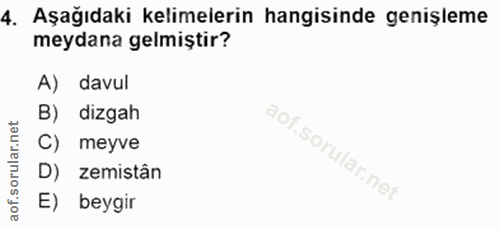4. soru: Aşağıdaki kelimelerin hangisinde genişleme meydana gelmiştir? A) davul B) dizgah C) meyve D) zemistân E) beygir